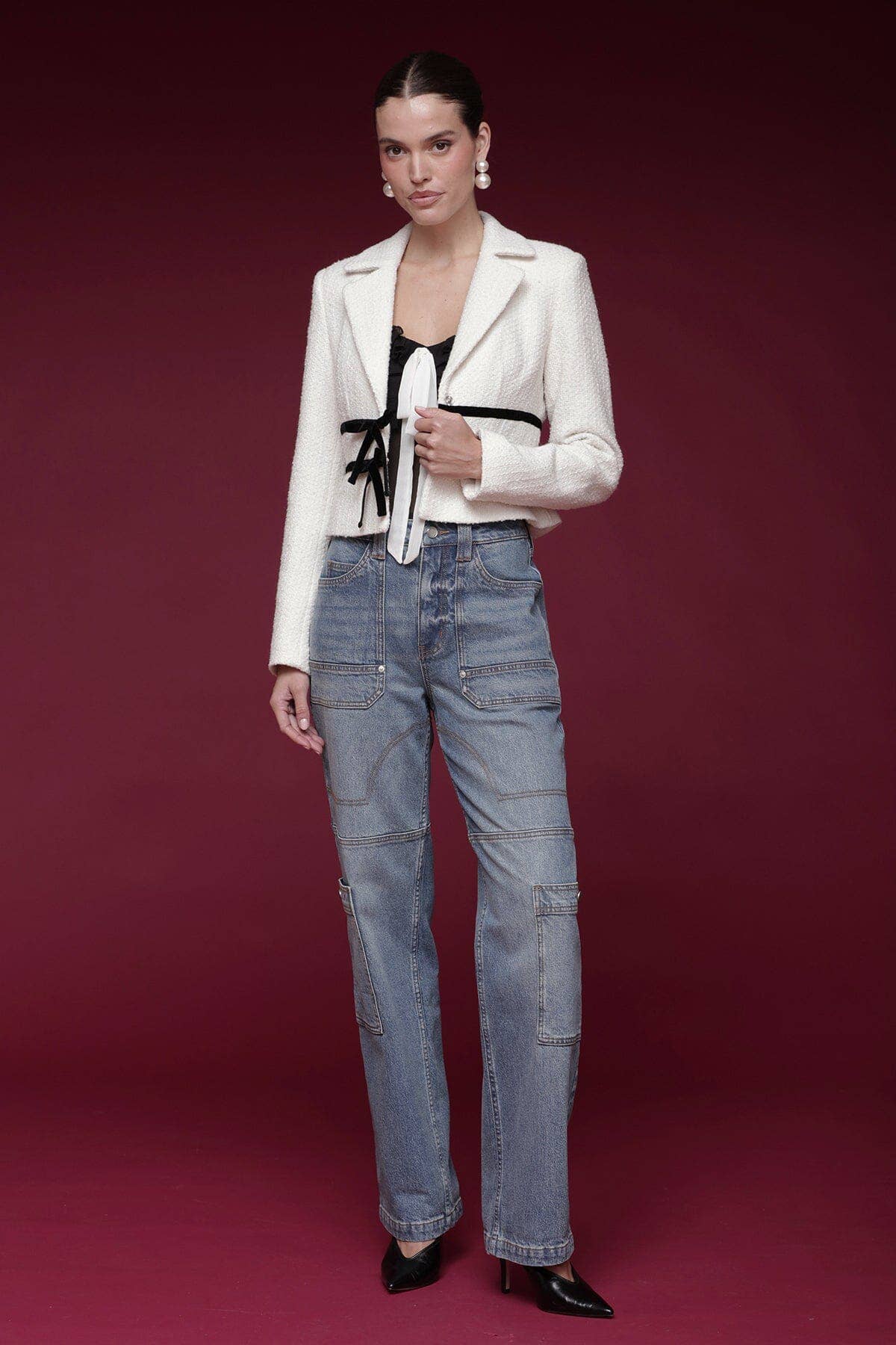 Ivory Black Velvet Bow Trim Tweed Jacket for wholesale on Faire4