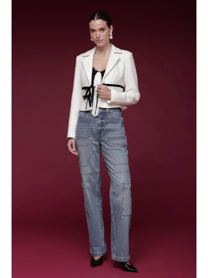 Ivory Black Velvet Bow Trim Tweed Jacket for wholesale on Faire4