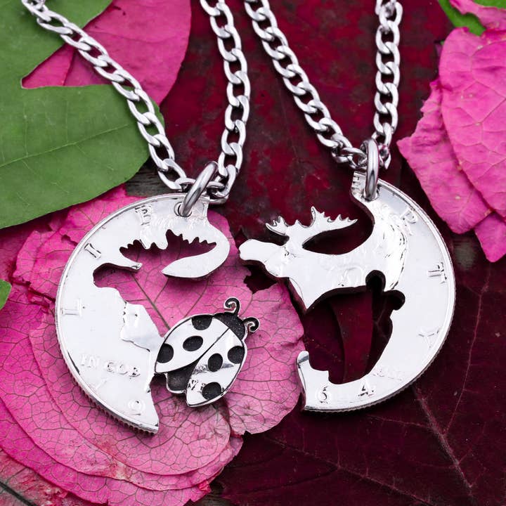 Lady Bug and Moose Necklaces, Best Friends or Couples Gifts for wholesale by NameCoins