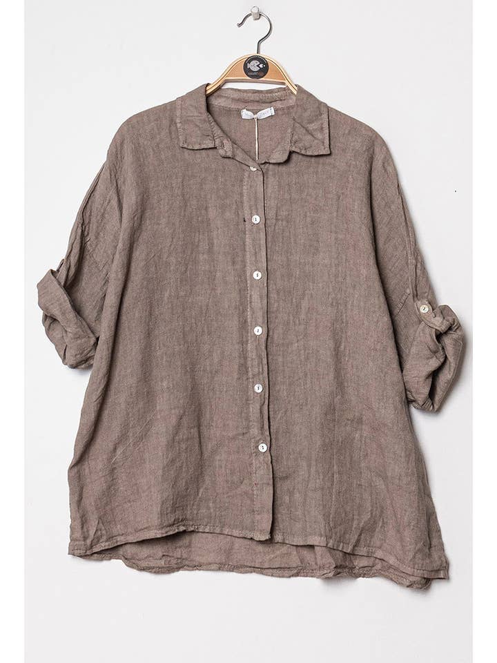 Happy look – Camisa com botões no colarinho – Mulher por atacado – Camisa folgada de linho com mangas dobráveis8