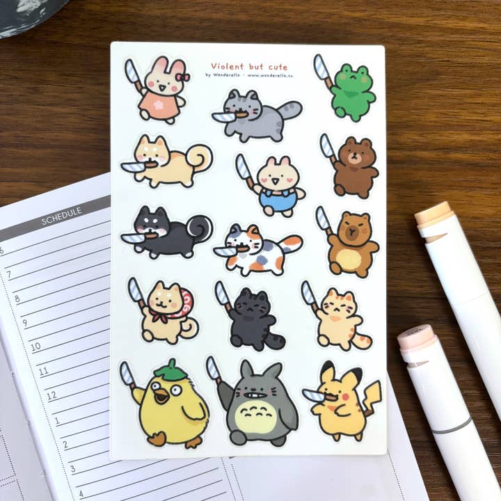 Violent but Cute animal sticker sheet, Deco journal stickers for wholesale by Wanderella