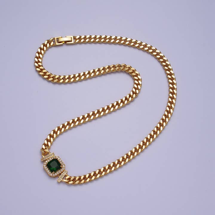 Aim Eternal - Wholesale Link & Chain Necklace - Gold 18 Inch Micro Paved Baguette CZ Flat Curb Link Chain Necklace | WA-1200 -- WA-1218