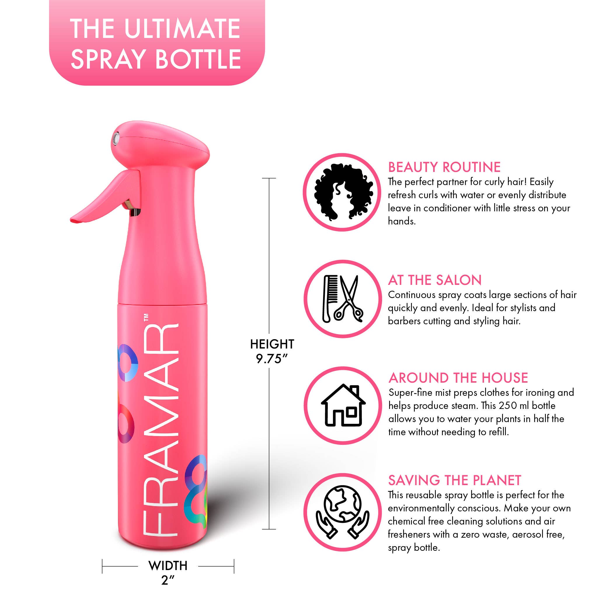 Framar Hair Brushes & Hair Accessories - Wholesale Hair Spray - FRAMAR Continuous Spray Bottle For Hair, Mist Bottle - Pink6