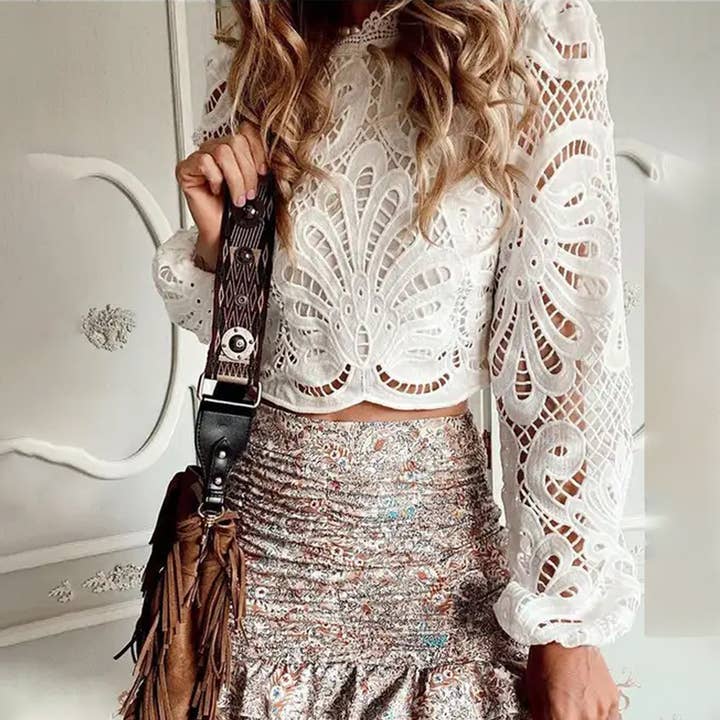 LACE HOLLOW SEXY SHORT LONG SLEEVE TOP for wholesale by Lily Clothing