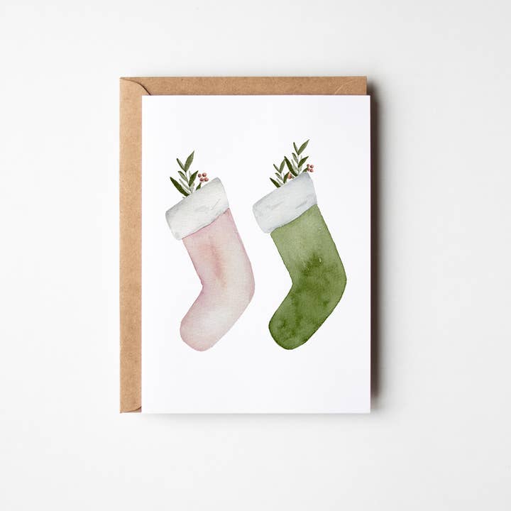 Pink and Green Christmas Stockings Card for wholesale by modbymae