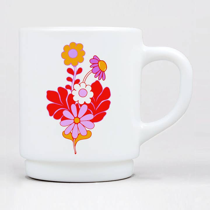Retroblommig 1970-talsblommig mugg i härdat glas för wholesale av Lovely Print Co.
