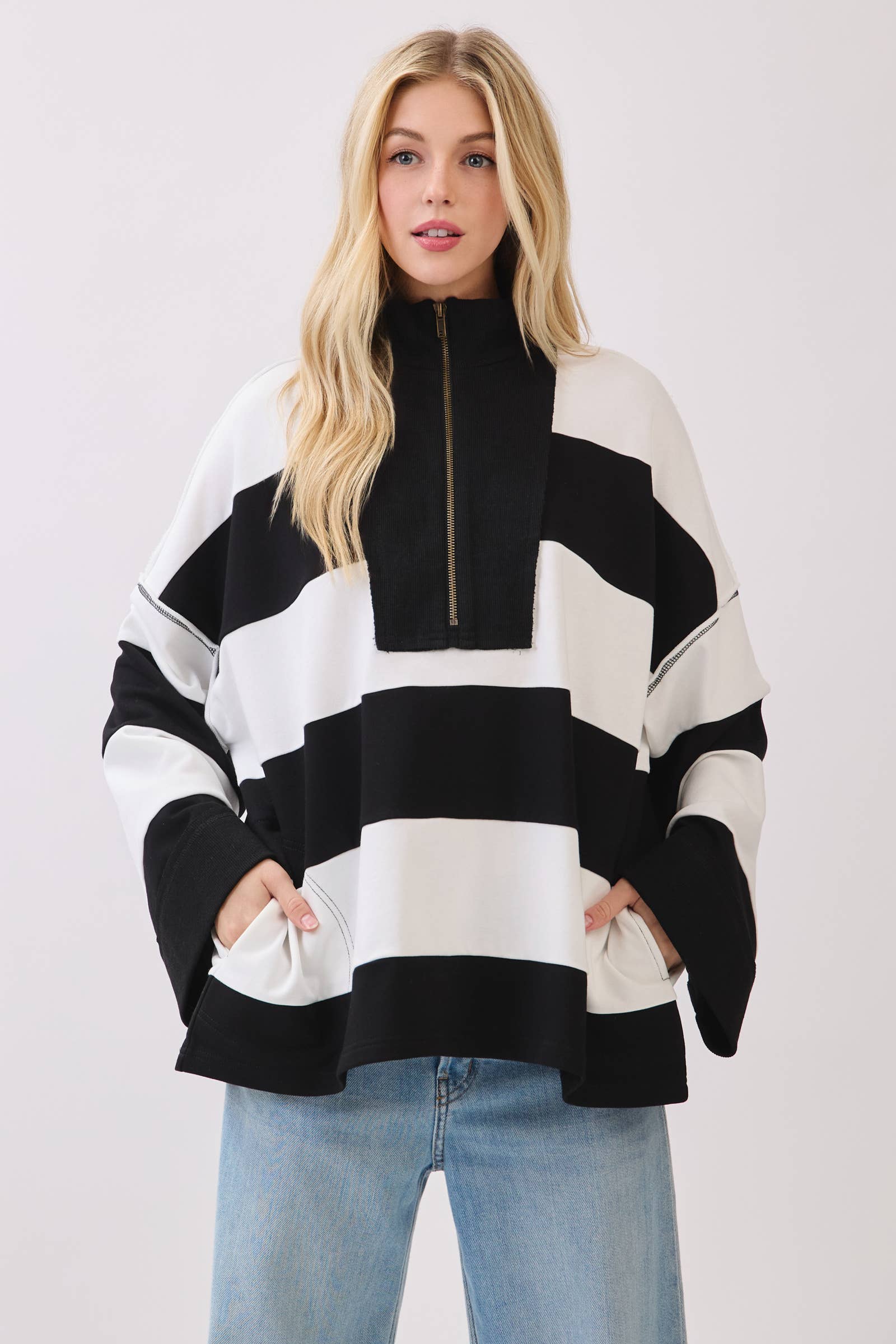 Sewn and Seen - Vente Sweat-shirt – femme - Pull à fermeture éclair rayé15