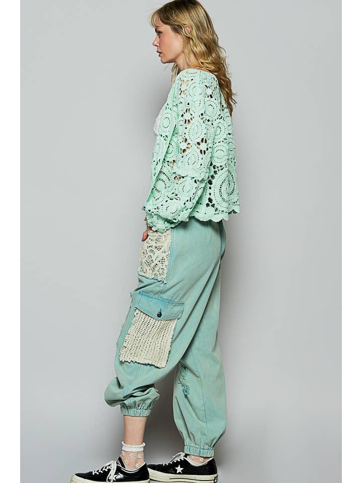 Pol Clothing - Wholesale Pants - Women's - Vintage Wash Crochet Patches Distress Jogger Pants SALE9