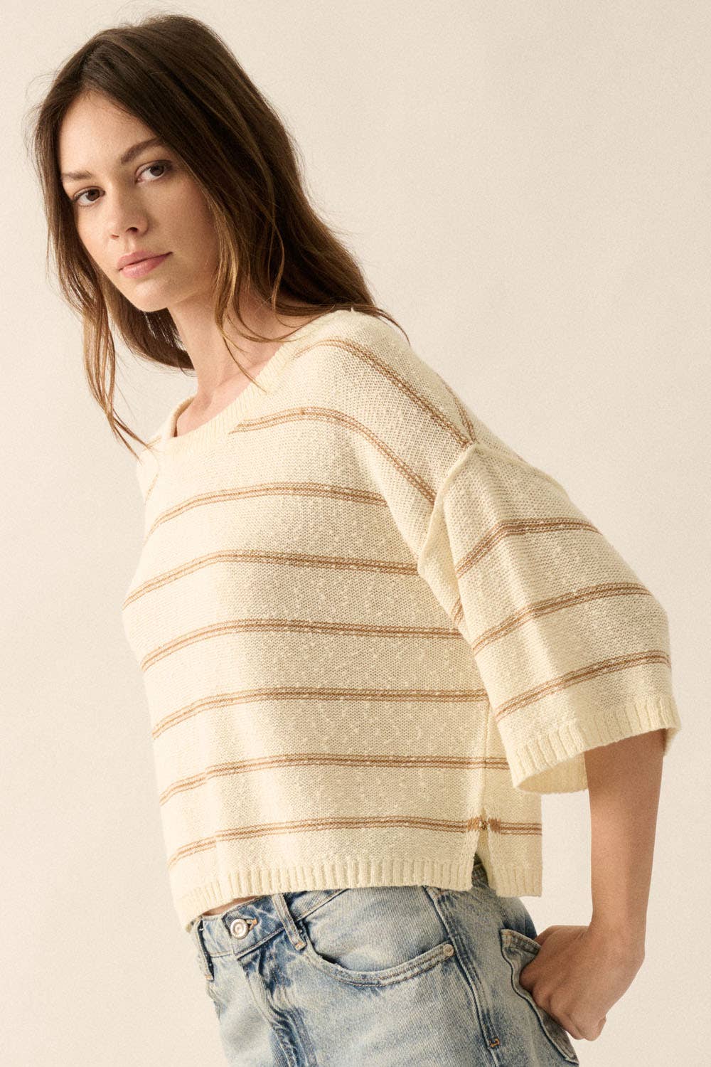 Promesa USA – Pulôver - Mulher por atacado – Suéter solto de malha listrada com decote em barco manga 3/44