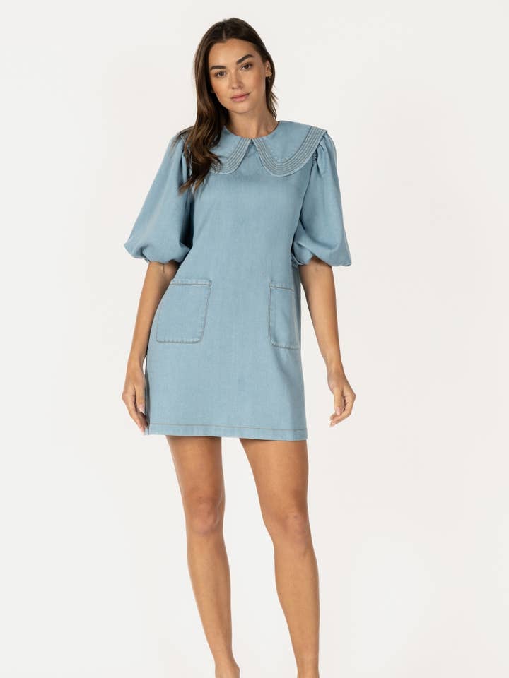 Blue Denim Peter Pan Collar Puff Sleeve Mini Dress RD309 for wholesale by Reminiscence