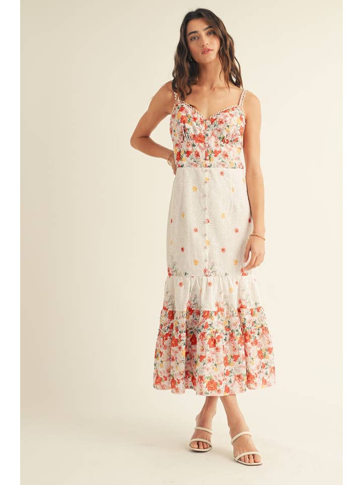 Pink Multi EYELET DETAILED FLORAL BORDER PRINT MIDI DRESS for wholesale on Faire