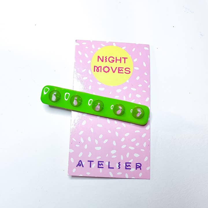 Night Moves Atelier - Wholesale Hair Clip - Women's - Charli XCX Brat Green Punk Studded Polymer Clay Hair Clip