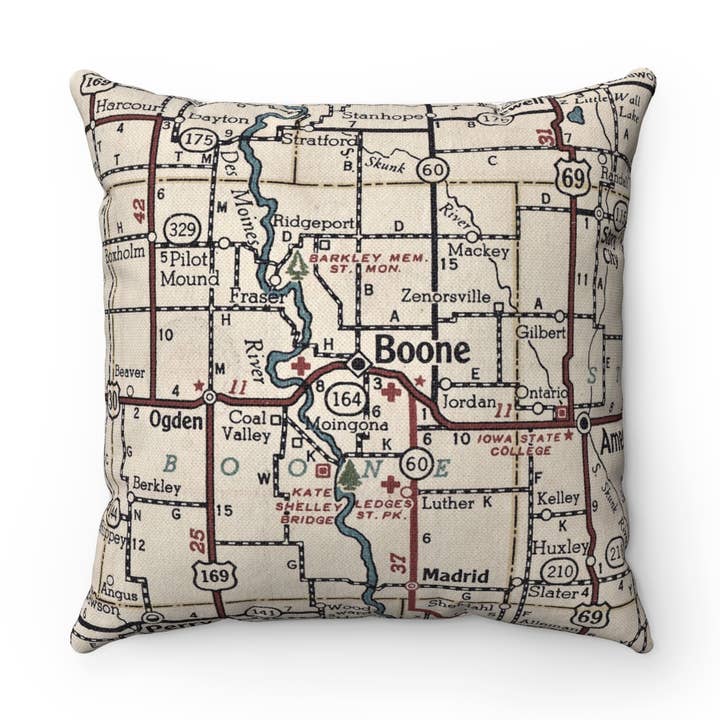 Boone Iowa Vintage Map Pillow – 18" Square Throw Pillow for wholesale by Daisy Mae Designs