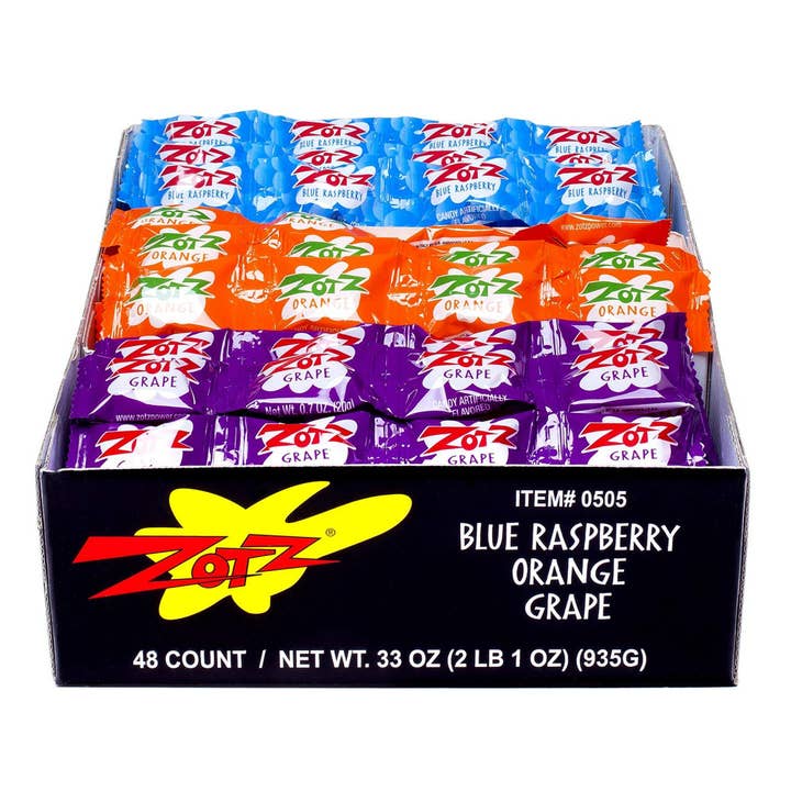 3D Enterprise - Wholesale Hard Candy - Zotz Fizz Candy Strips - Blue Rasp, Orange, Grape - 48 Ct.
