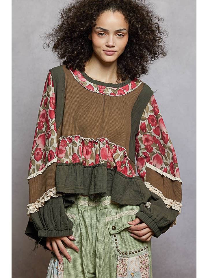 Pol Clothing - Wholesale Blouse - Women's - Round Neck Lace Trim Ruffle Hem Thermal Top