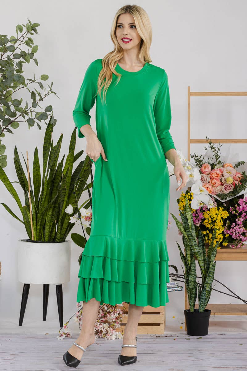 Celeste Clothing – Großhandel Kleid – Damen – Großgrößen-Midikleid mit gestuften Rüschen und 3/4-Ärmeln38