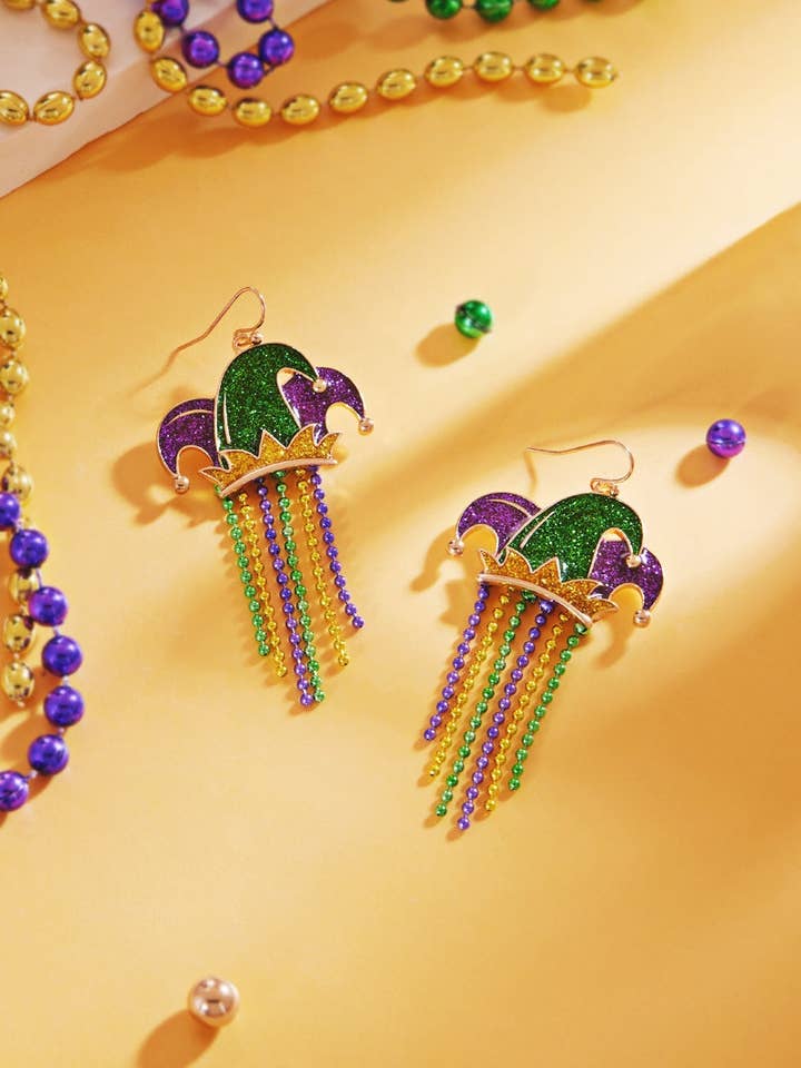 Mardi Gras Crown Hat W Ball Tassel Hook Earrings for wholesale by Designature New York