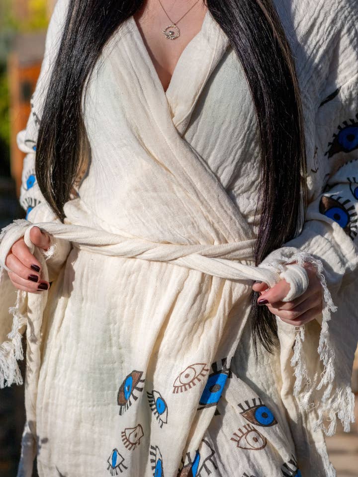 ASILEX HOME COLLECTION - Wholesale Robe - Unisex - Hooded Muslin Cotton Bathrobe | All-Over Evil Eye Design3