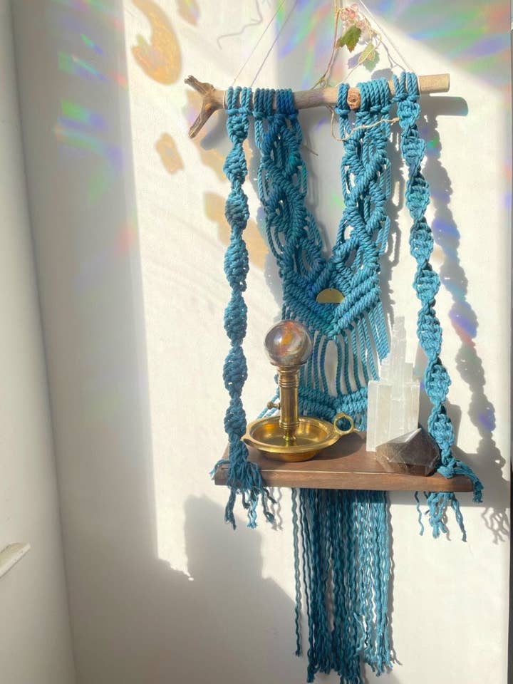 Natural and Cerulean Blue Macramé Hanging Shelf for wholesale by MercuryX Shop