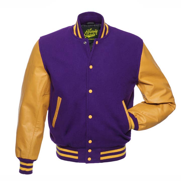 Purple Wool & Gold Leather Sleeves Classic Letterman Jacket for wholesale by Varsity Craft