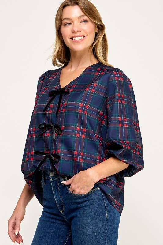 MintChoco - Wholesale Screen Printed T-Shirt - Women's - Plaid Holiday tie front blouse15