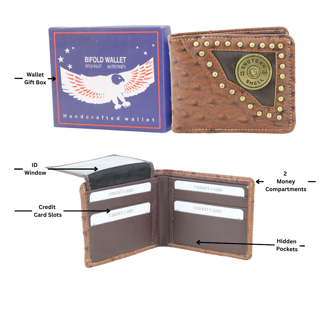 Leather Impressions Inc – wholesale Wallet - Men’s – American Bison Vegan Concho Bifold w Shotgun Shell Medallion2