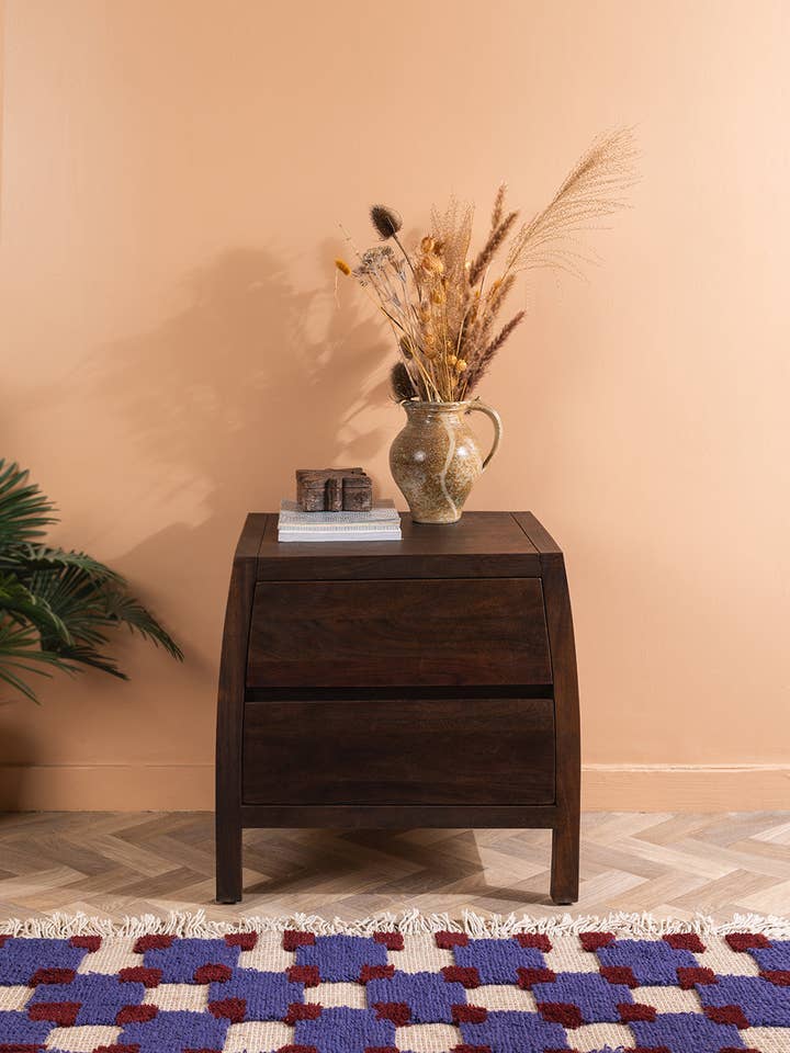 Ellroy Acacia Wood Drift Finish Bedside Table for wholesale by Ian Snow Ltd