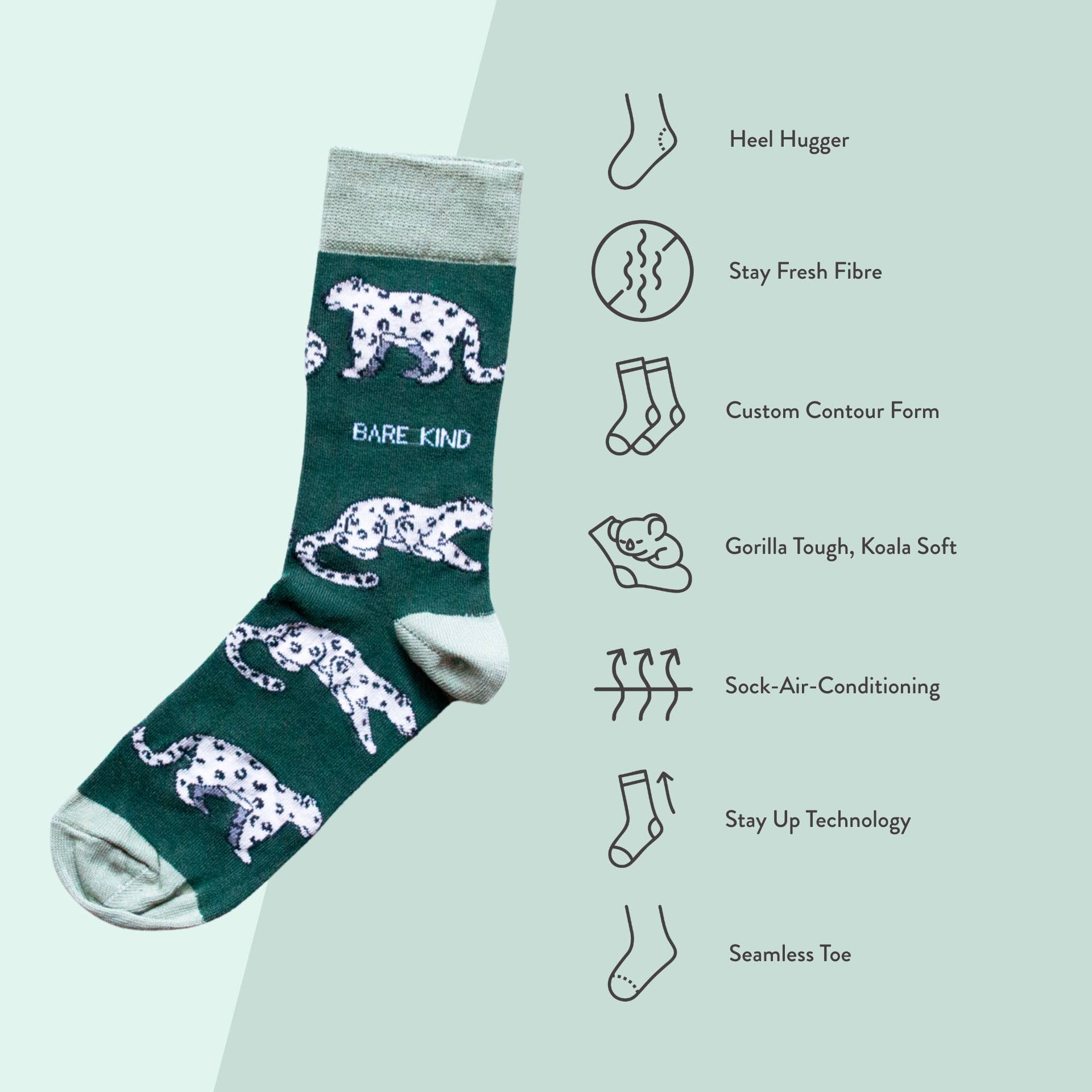 Bare Kind Socks - Wholesale Socks - Unisex - Snow Leopard Socks | Bamboo Socks | Sea Green Socks6