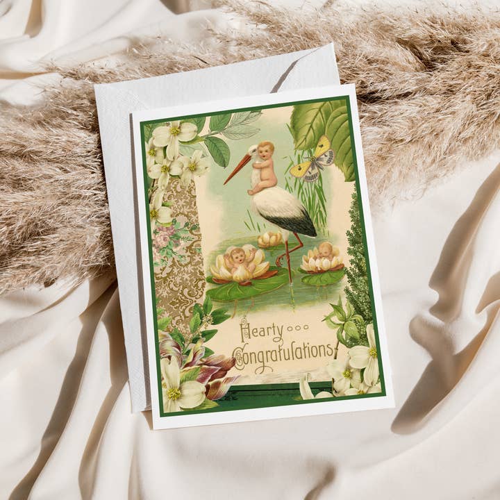 Cheerful Whimsies - Vendita all'ingrosso Biglietto di auguri per la nascita - Biglietto per il nuovo bambino. Sincere congratulazioni. Stile vintage dolce.1