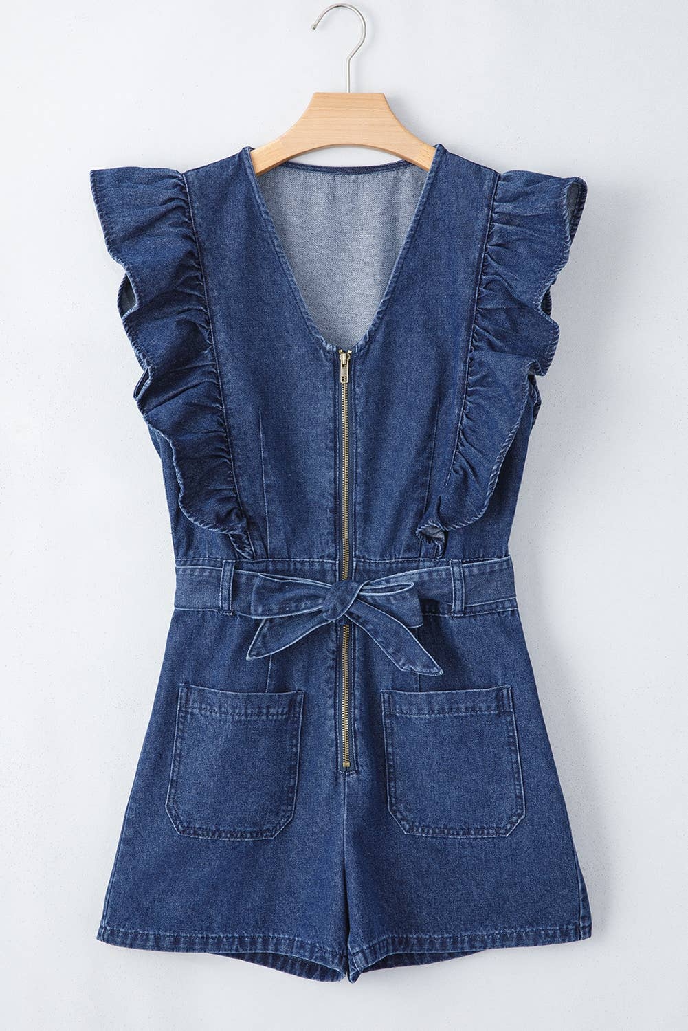 Blue  Denim Ruffled Zipped Front Belted Romper for wholesale on Faire2