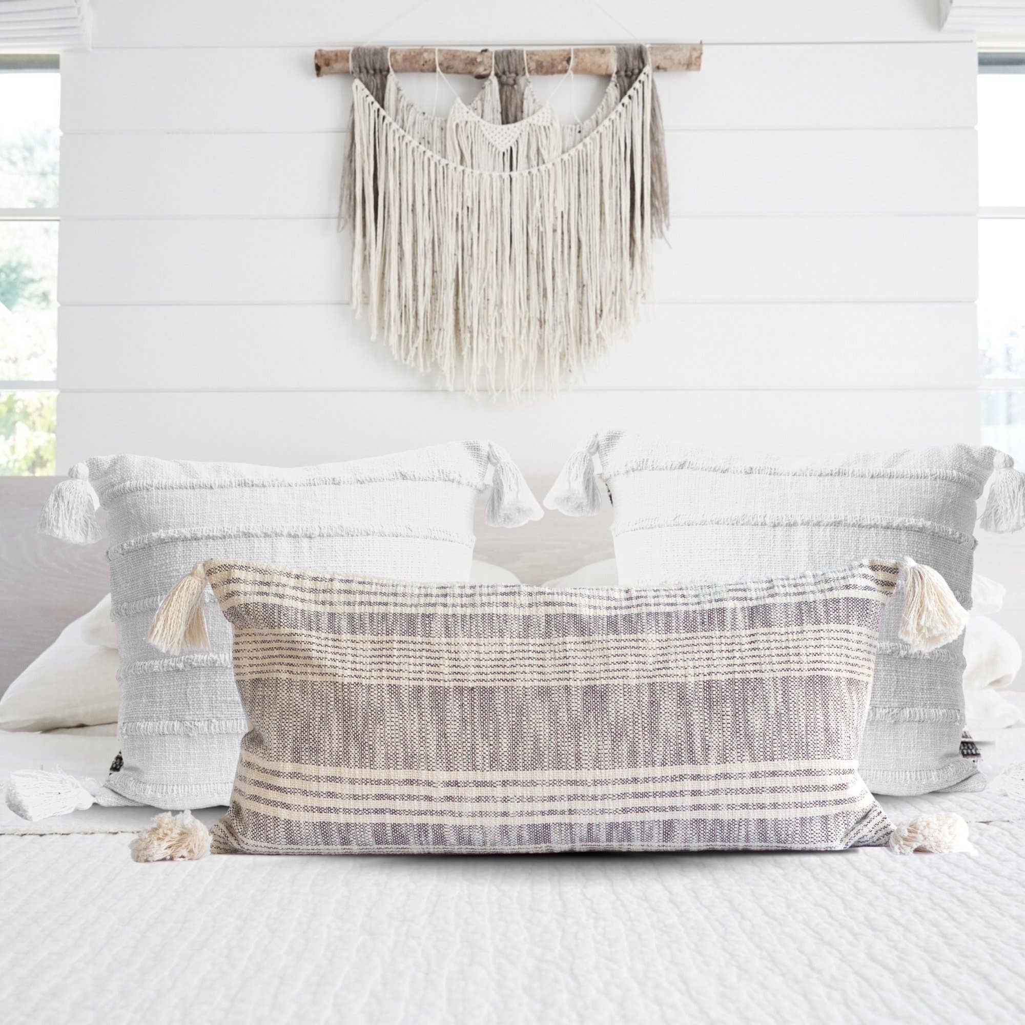 Tajik  Home  LLC - Wholesale Throw/Decorative Pillow - Striped Charcoal and Cream Cotton Pillow with Tassels –Decor3