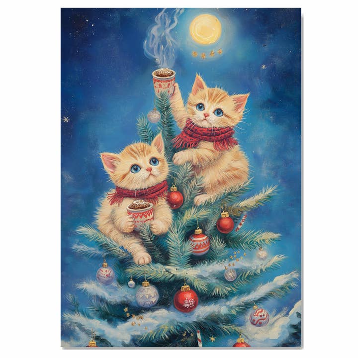 Christmas Kittens in Tree with Cocoa and Ornaments Canvas for wholesale by Art Paradise Studios