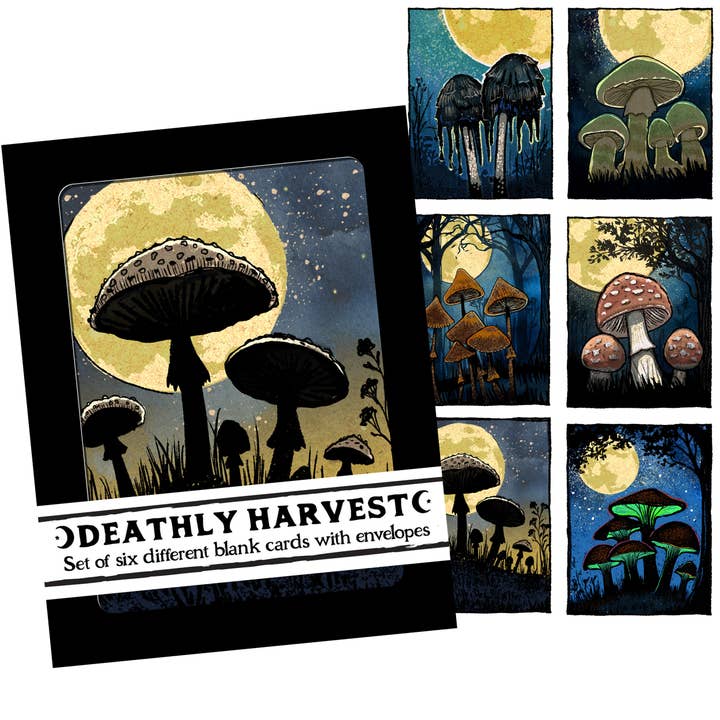 Récolte Mortelle – Ensemble de Six Cartes de Correspondance Champignons Vénéneux pour la vente par Brainmeats Atelier