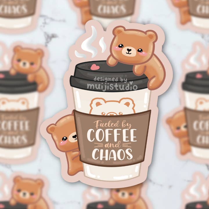 Fueled By Coffee & Chaos Vinyl Sticker, Coffee Cup sticker for wholesale by Muijistudio
