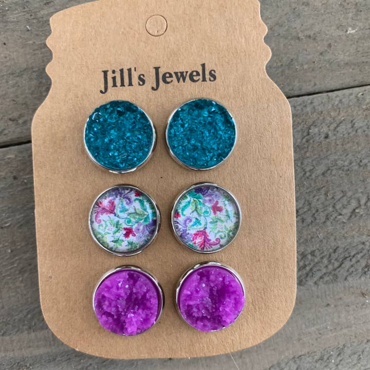 Colorful Floral Teal Triple Faux Druzy 3 Earring Set for wholesale by Jill's Jewels