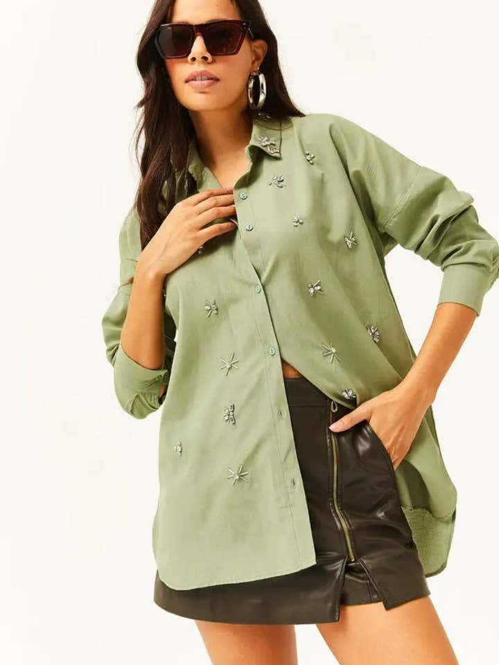 Taupe Shirt with Stone-Embellished Collar and Front, Oval Hem for wholesale by Hoxton Gal