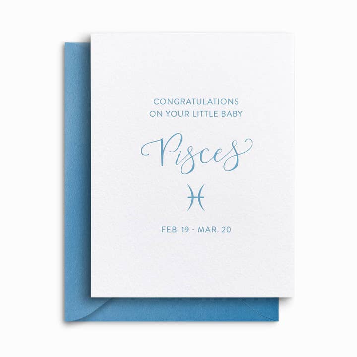 Pisces Baby Card - Letterpress Baby Zodiac Card for Pisces for wholesale by Annabel Reese