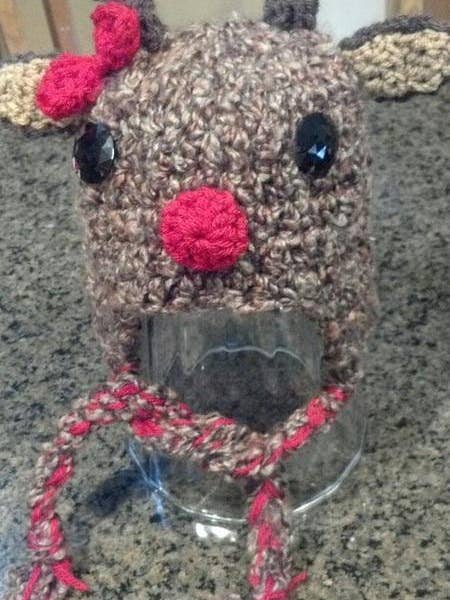 Red Bow Reindeer Crochet Hat with Boucle Yarns for wholesale by Mad Hatter Farm