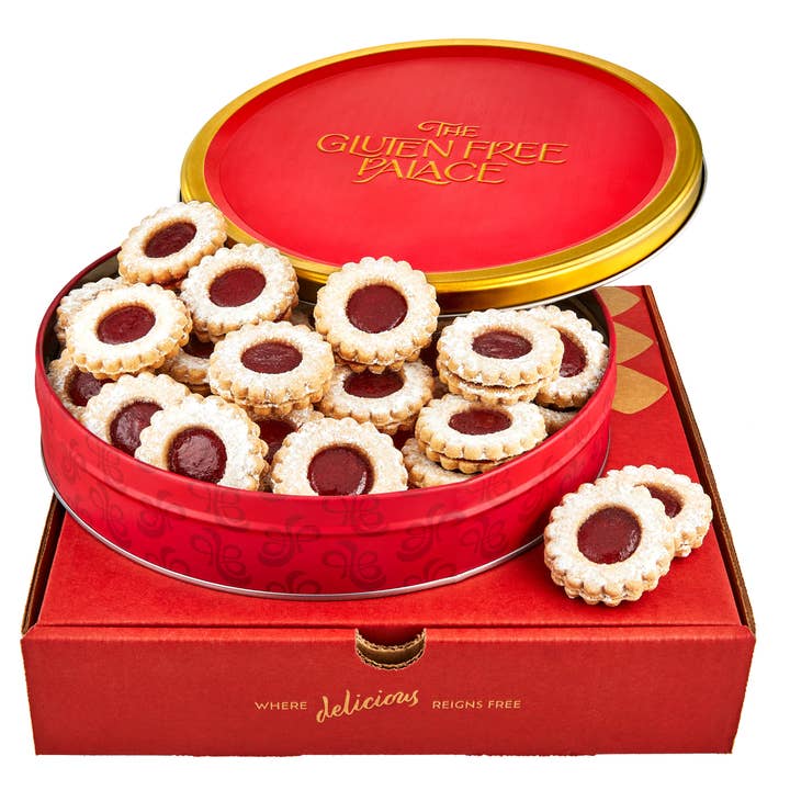 GFP Raspberry Linzer Tart Shortbread Cookies Tin Gift Tray for wholesale by Gluten Free Palace