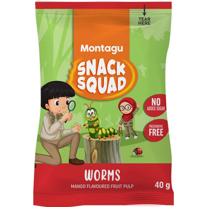 Montagu: Snack Squad Fruity Worms – Mango 40g x 10 for wholesale by Mahdina