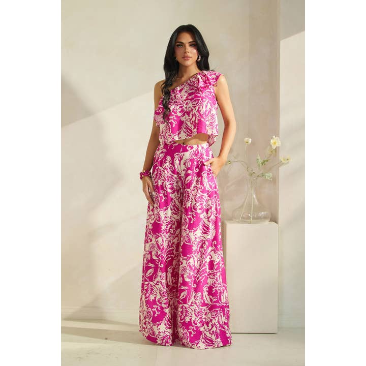 ENSEMBLE HAUT À VOLANT ASYMÉTRIQUE AVEC PANTALON pour la vente par The Sang