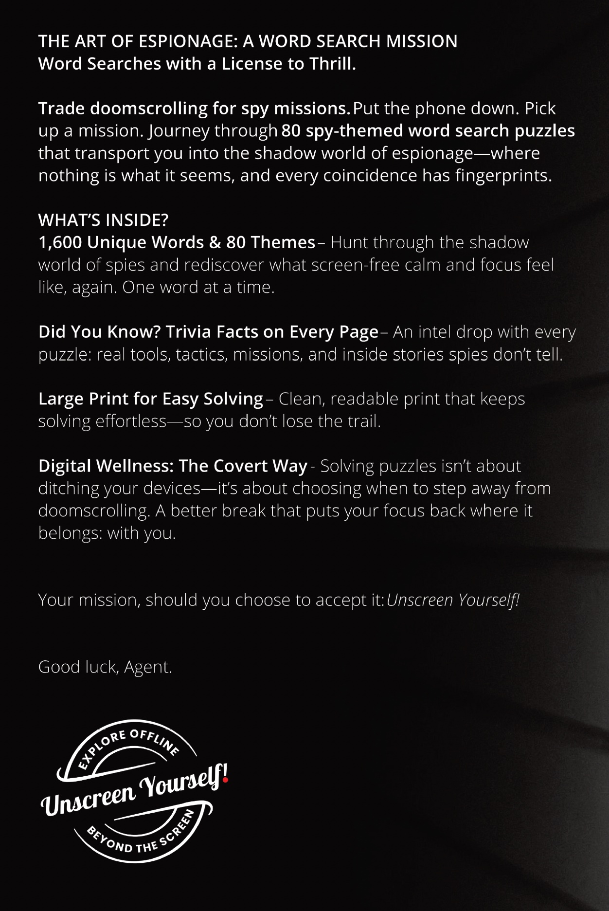 Unscreen Yourself! - Wholesale Puzzle - Adult - The Art of Espionage – Spy-Themed Word Search with Trivia1