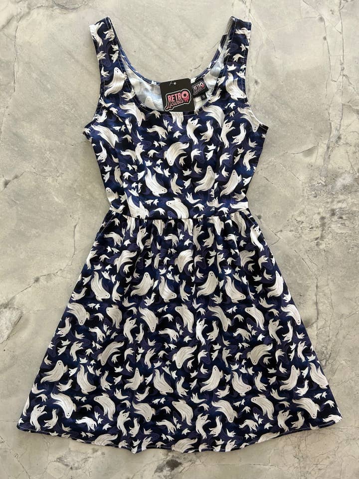 Flying Ghosts Shorter Length Fit & Flare Dress for wholesale by Retrolicious