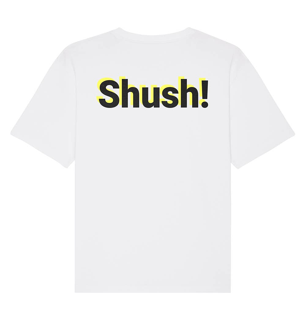 White "Shush" Unisex T-Shirt for wholesale on Faire