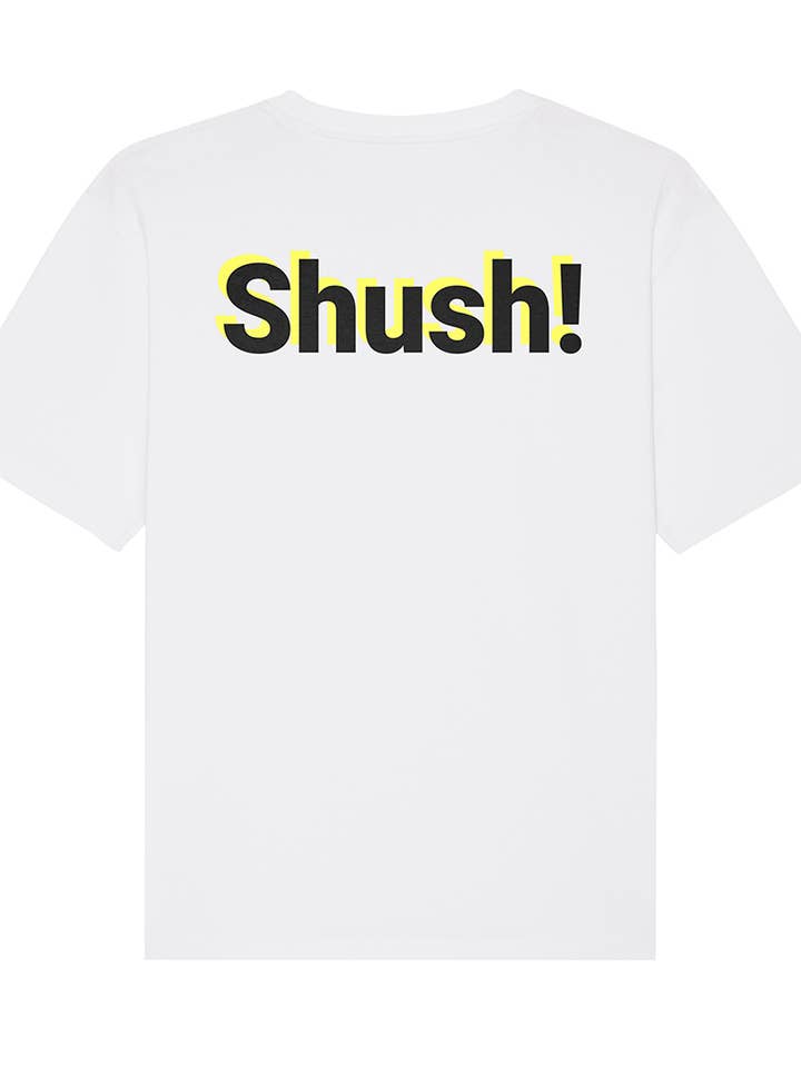 White "Shush" Unisex T-Shirt for wholesale on Faire