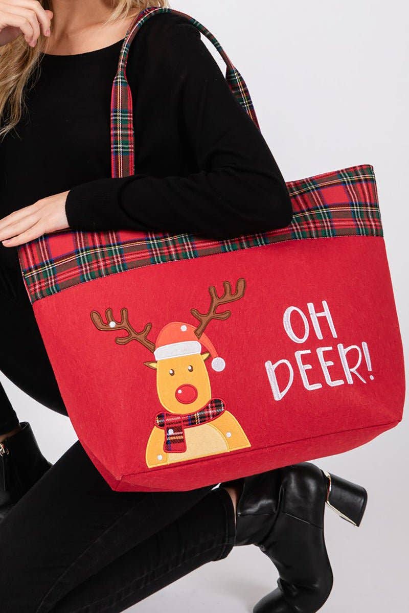 Wholesale Accessory Market - Wholesale Tote Bag - Women's - Oh Deer Red Plaid Christmas Tote Bag1