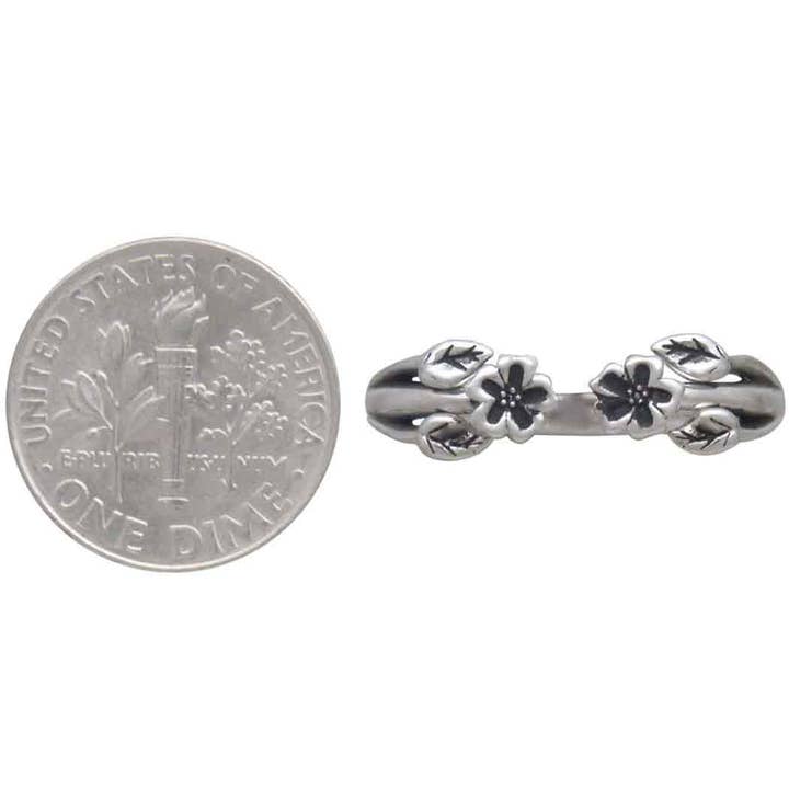 Nina Designs - Wholesale Band/Stacked Ring - Sterling Silver Adjustable Ring with Tiny Flowers and Leaves1