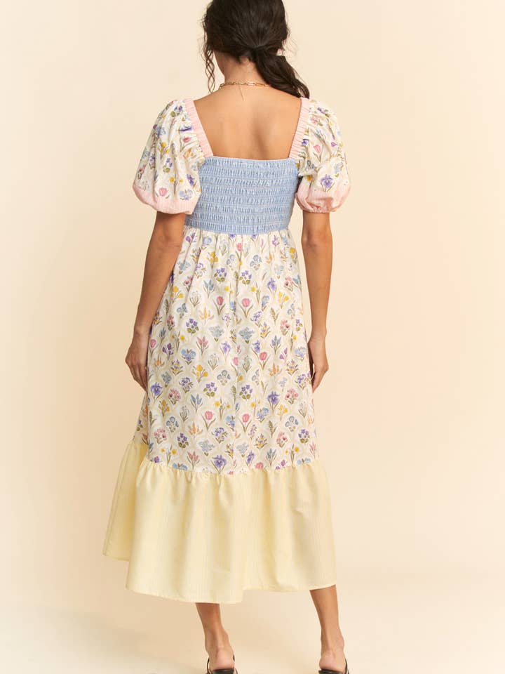 PASTEL YELLOW MULTI FLORAL BOUQUET WALLPAPER PUFF SLEEVE TIERED DRESS for wholesale on Faire9