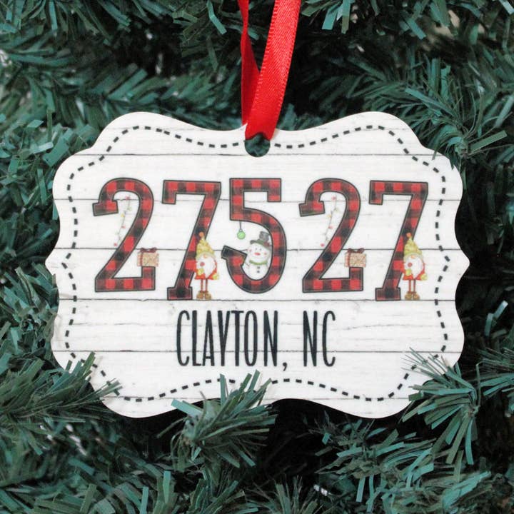 Giftable Memories - Wholesale Ornament - CUSTOM Zip Code Town State Buffalo Plaid Christmas Ornament