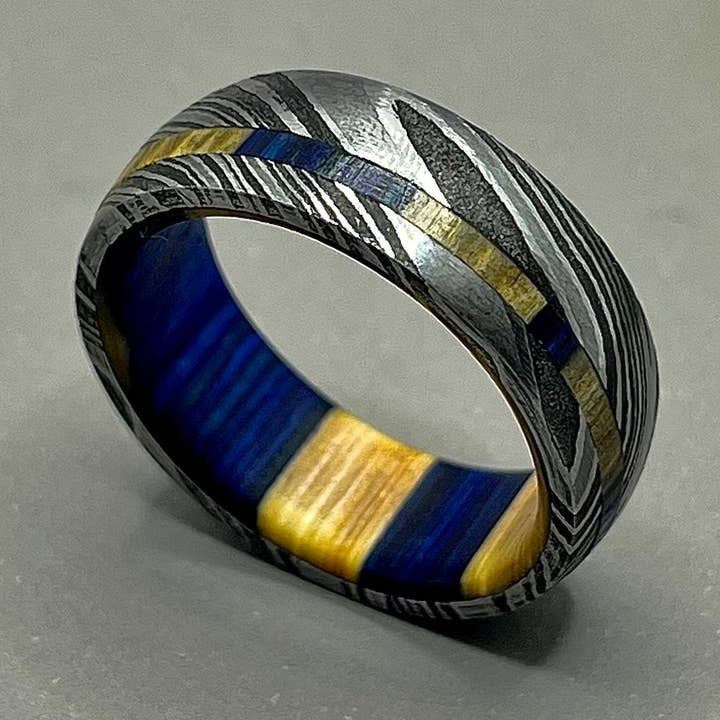 Damascus Steel Ring With Wood Inlay, Damascus Steel and Walnut Burl Ring, Mens Wedding Band, Mens Wood Ring, Wood Wedding Ring, Wooden Ring for wholesale by RustyStudioUSA